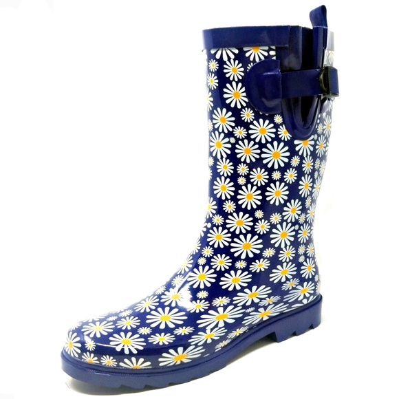 Forever Young Shoes - Women 11" Mid-Calf Rubber Rain Boots, Daisies Flower Print Water Boots Wellies